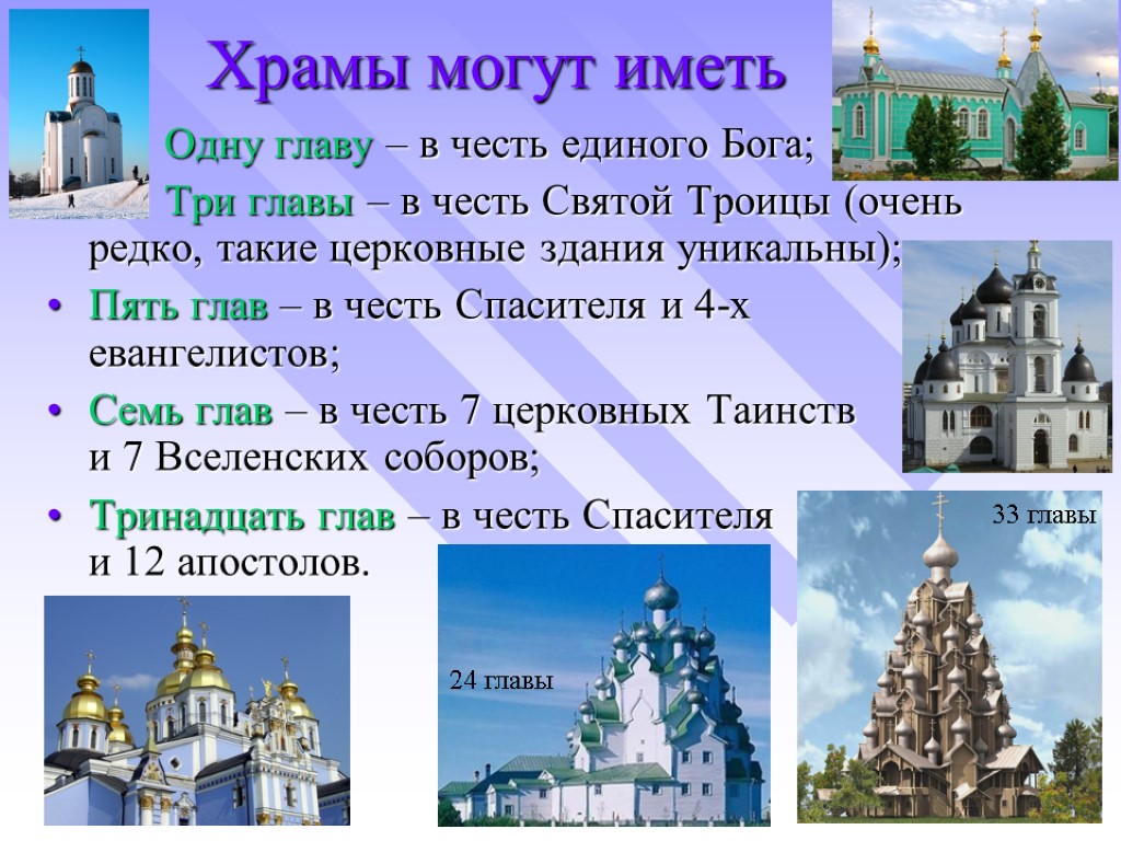 Храмы могут иметь Одну главу – в честь единого Бога; Три главы – в